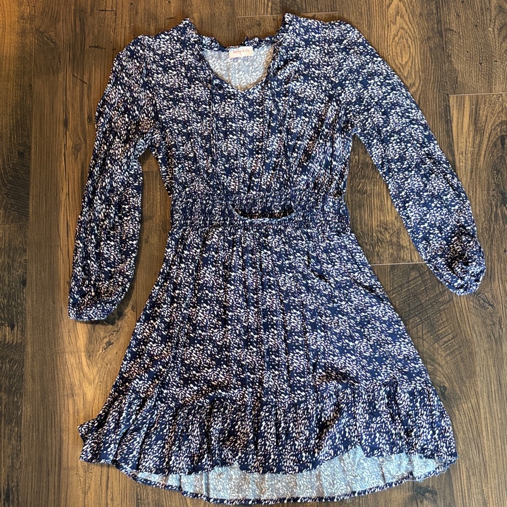 Women's Navy Floral Long-Sleeve Ruffle Hem Dress